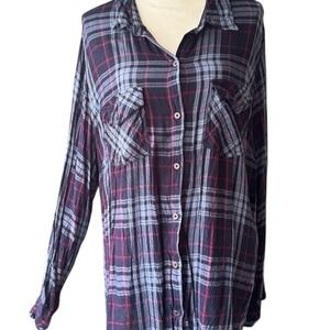 Jessica Simpson Women's 3X Plaid Button Down Shirt Navy Pink Long Sleeve